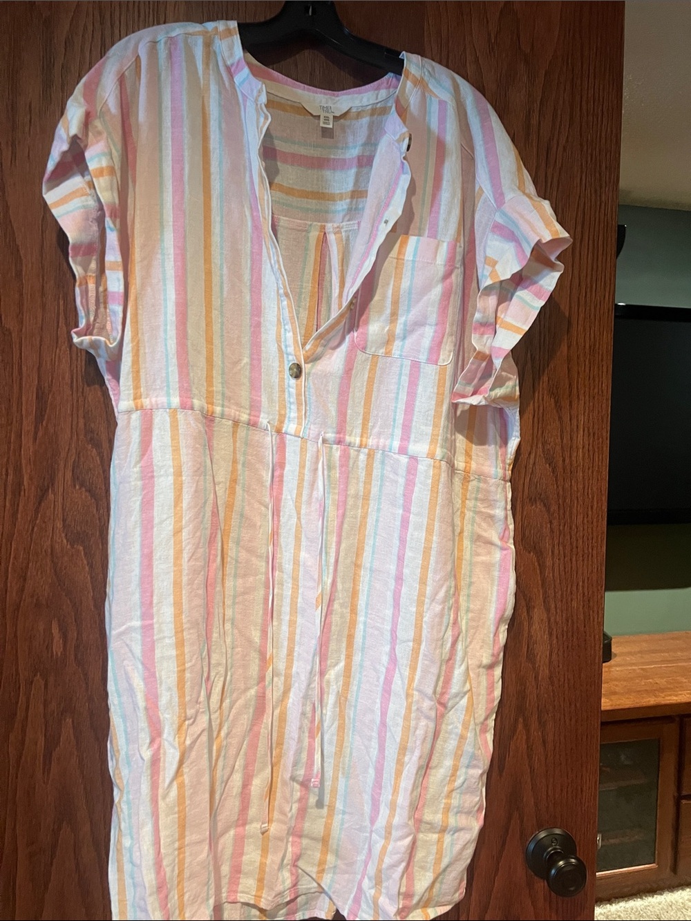 Striped Pastel Button-Front Cotton Tunic Dress